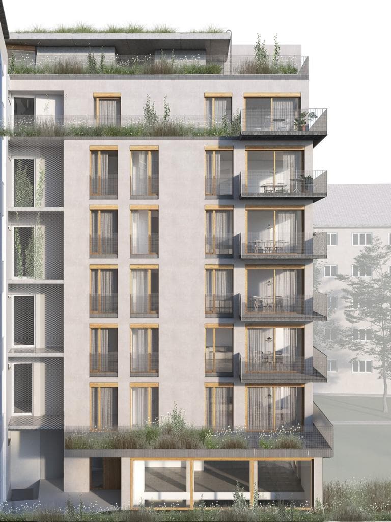 Frontalansicht des zukünftigen Seitenflügels von XBerg13 Seitenflügel in Kreuzberg mit Balkonen und Dachterrasse